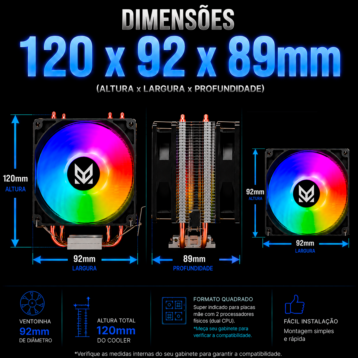 Cooler Gamer Maxcool MX-9201D Duplo LED 92mm | Compatível Intel e AMD | Até 130W TDP